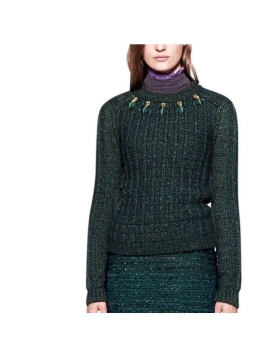 Tory Burch Sweaters - Tory Burch Lucy Metallic Green Beatle Embellish Sweater Size S Wool Cotton Blend